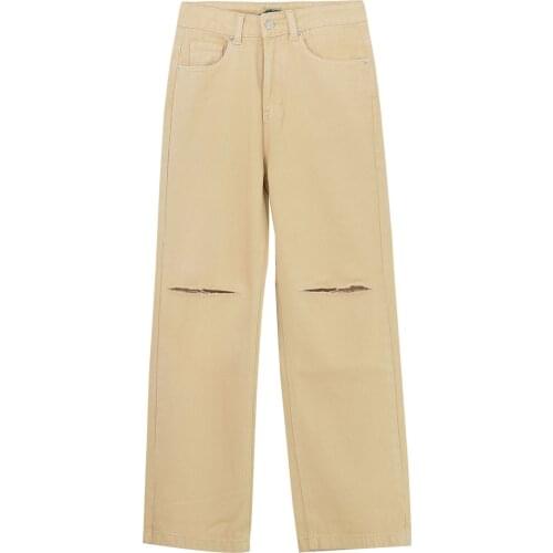 Autumn Women Jeans Khaki Color High Waist Straight Pants Loose Casual Style Ripped Hole Cotton Winter Female Streetwear C3055