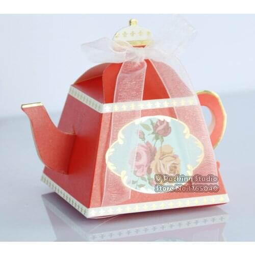 Teapot shape Gift Candy Box Baby Shower Wedding Favors Gift Paper Boxes Kids Birthday Party Supplies Pink Blue Red 200pcs/lot