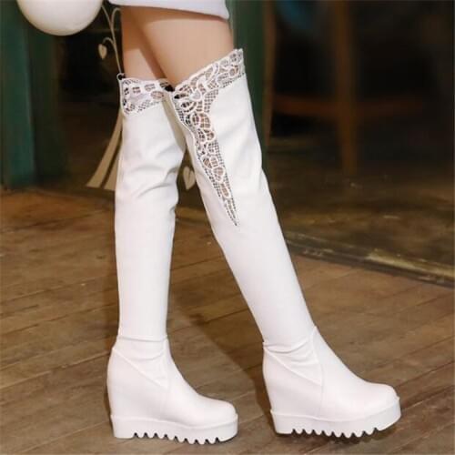 PXELENA Over The Knee Boots Women Platform Hidden Wedge High Heel Thigh High Boots Ladies Shoes Black White Lace Fashion 34-43