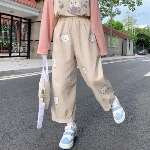 Japanese Kawaii Harajuku Pants Women Elastic High Waist Harem Pants Cute Bear Print Casual Wide Leg Trouser Female Student Pants