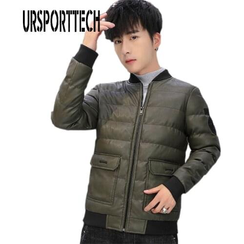 High Quality Winter Jacket Men Parka Stand Collar PU Leather Thick Warm Padded Baseball Jacket Student Boys Fashion Outwear Coat
