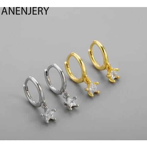 ANENJERY 925 Sterling Silver Zircon Star Pendant Small Hoop Earrings For Women Valentines Gift Simple Hip Hop jewelry