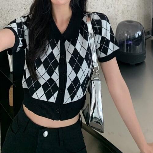 Y2K Retro Argyle Plaid Polo Collar Knit Cardigan Womens 2021 Summer Single Breasted Shirt Preppy Style Short Sleeve Crop Top