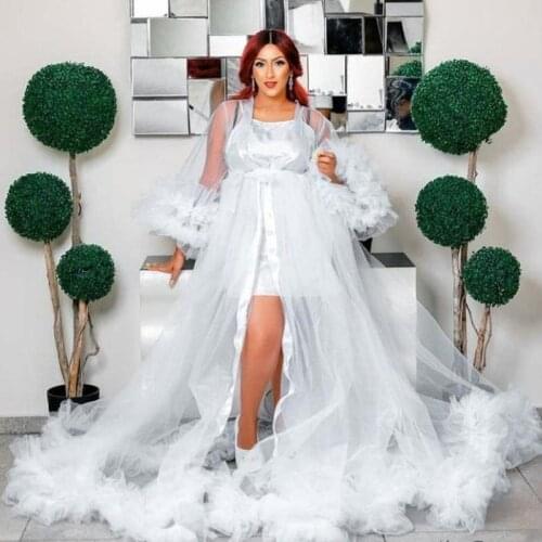 Sexy Transparent White Long Tulle Bridal Robe Puffy Sleeves A-line Women Outfit Female Kimono Ruffles Tutu Women Dress Beach