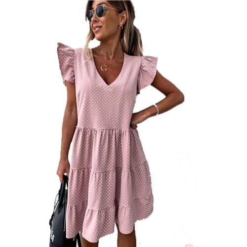 European Korean Summer 2021 Female Polka Dot Street Sexy Casual Loose Thin Beach Party Dress Plus Large V-Neck Mini Dress Woman