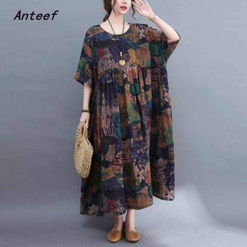 Short sleeve cotton vintage floral dresses for women casual loose long woman summer dress elegant clothes 2021