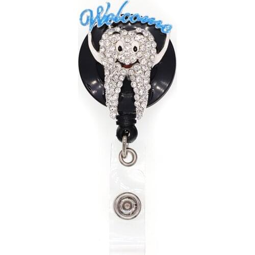 10pcs/lot Free Shipping White Rhinestone Tooth Shape Badge Reel Medical Nurse/Doctor/ Dentist Badge Holder
