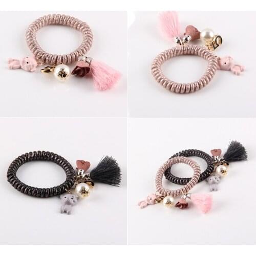 2PCS Sweet Pink/Black Cute Mini Cartoon Imitation Pearl Pendant Women Elastic Hair Band Ponytail Spiral Shape Gum Telephone Wire