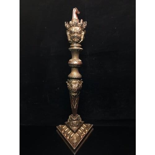 21" Tibet Buddhism Old Bronze Cinnabar Horse head Skull Three sides Mahakala Dorje Vajra Phurpa Town House Exorcism