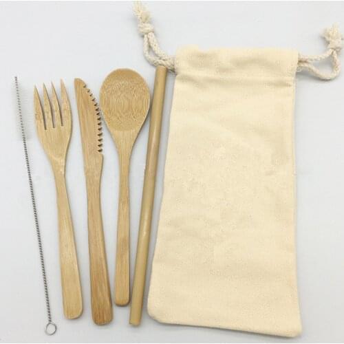 5Pcs/set Biodegradable Wooden Dinnerware Set Eco-Friendly Cutlery Set Bamboo Fork Knife With Bag Portable Tableware for Camping