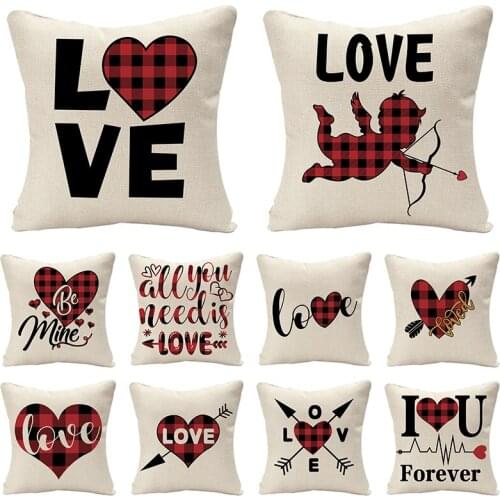 Letter LOVE Cushion Cover Linen Fabric Red Grid Heart Cupid Pillow Cover Art Home Decoration Sofa Throw Pillow Case Gift Wedding