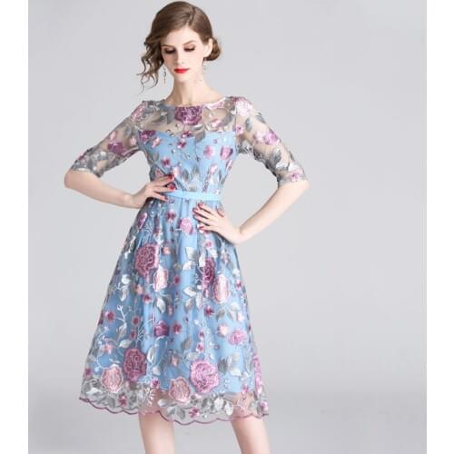 Summer Crochet Floral Embroidery Lace Dress Women Elegant Sexy Club Evening Party Dresses Spring Plus Size Slim Vintage Dress