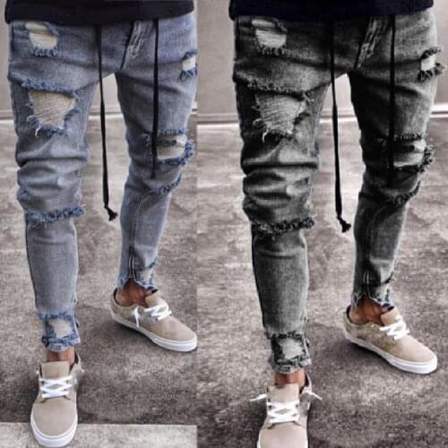 Mens Jeans New European and American fashion trend Small foot jeans Simple personality Do old torn hole zipper small foot jeans