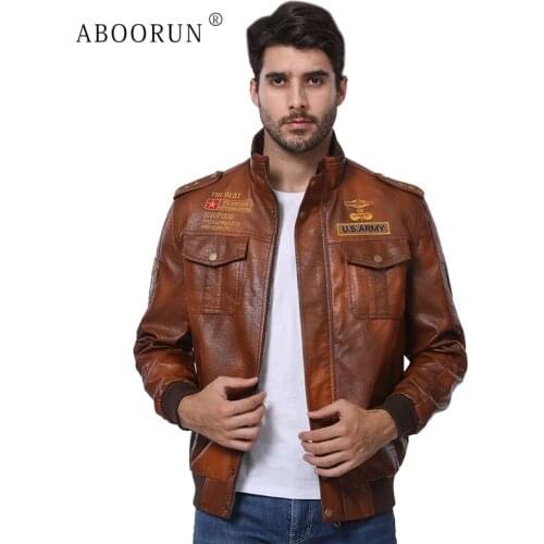 ABOORUN Mens Military US Army Leather Jackets Multi Pockets Motor PU Leather Jackets Spring Autumn Coat for Male R243