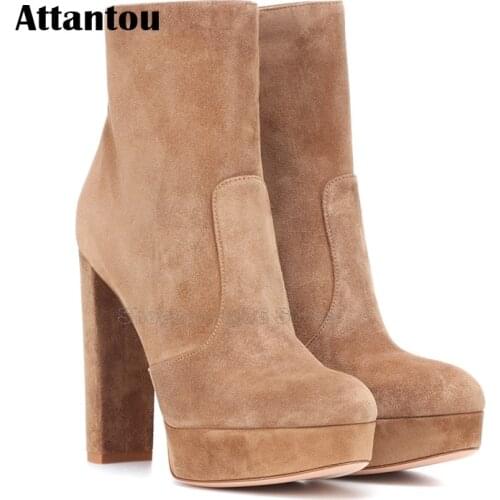 New Arrive Suede Leather Thick Platform High Heel Boots Women Platform Block Heeled Inside Zipper Short Autumn Winter Boots