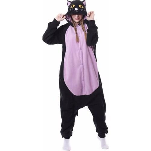 Animal Pajamas Midnight Cat Onesies For Adults Men Kigurumi Women Fleece One-Piece Jumpsuit Winter Sleepwear Cosplay Bodysuit