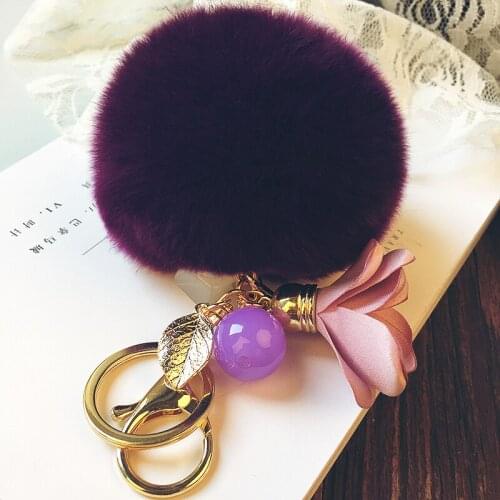 Luxury purse bag charm rabbitfur PomPom fluffy keychain flower diy key chain Key holder suppliers llavero pareja fashion jewelry