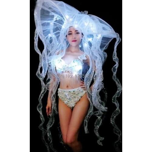 Sexy White Pearls Bikini Women Costume LED Crystals Bra Hat Nightclub Bar Stage Outfits Model Catwalk DJ Performance Dance Wear
