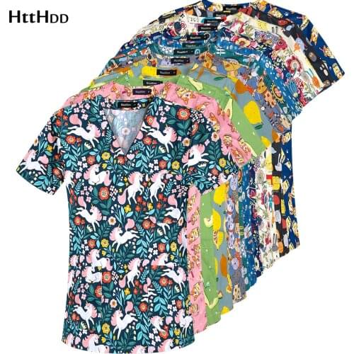 Spa Lab Pet Printing Scrubs Top V-neck Slim New 100% Cotton Veterinary Pet Care Short Sleeve Unisex Cartoon Clinic Nurse Uniform