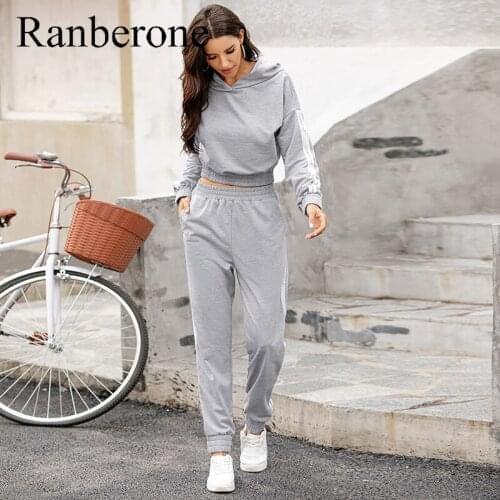 Ranberone Sport Suit Female Hooded Two Piece Set Crop Top And Pants Tracksuit Women Patchwork Suit Jogging Sport Matching Sets