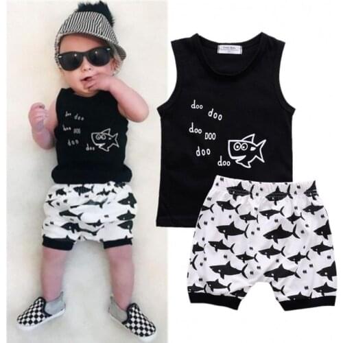 2019 New Baby Boys Sleeveless Tops Shark Shorts Outfits 2Pcs Set Beachwear Sportswear Summer Clothes 0-24M