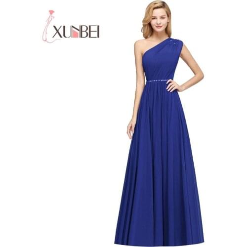 In Stock ! Robe demoiselle d'honneur One Shoulder Navy Blue Bridemaid Dresses Long Beaded Prom Dresses Wedding Party Gowns