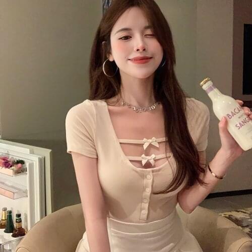 Wenfly Women Clothes Elegance Tops Cotton Hot Girl Short Sleeve Square Collar Bow Hollow Out Button Sweet Female Tees
