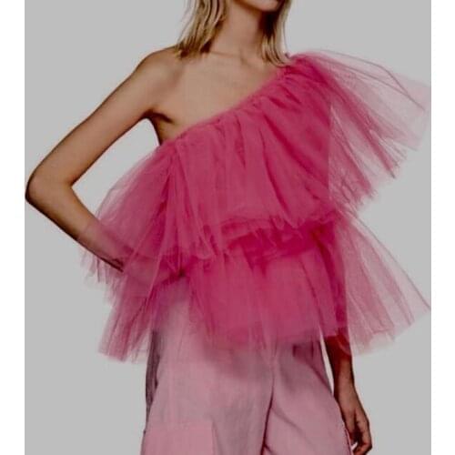 New Fuchsia One Shoulder Shirt Chic Ruffle Tulle Blouse Wear Females High Quality Tiered Tulle Tops Custom Made Any Color Free