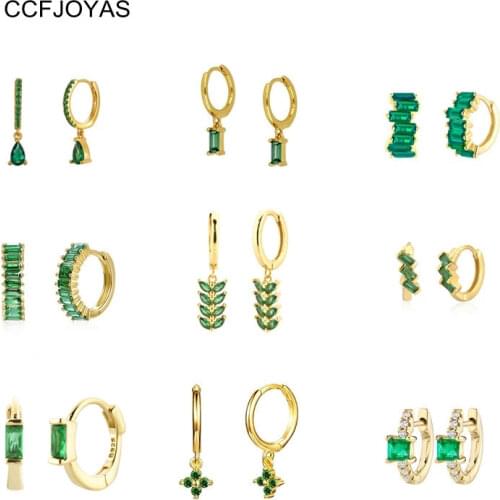 CCFJOYAS Green color Zircon Small Hoop Earrings for Women 925 Sterling Silver Green Gold Hoop Earrings New Arrival 2021