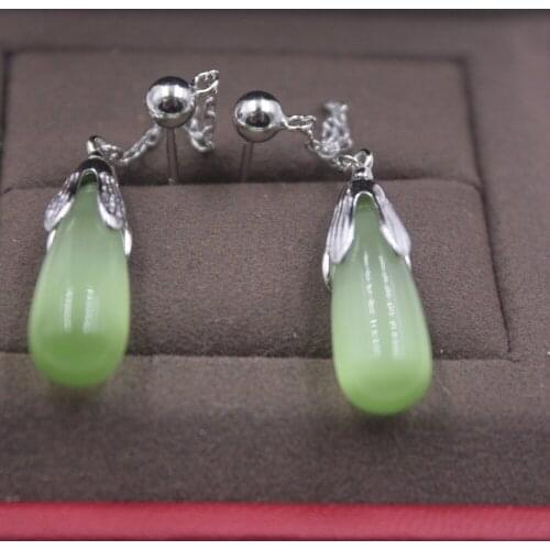 Pure S925 Silver & Green Cats Eye Quartz Earrings Womans Dangle Earrings Hot 42mmLDangle Earrings