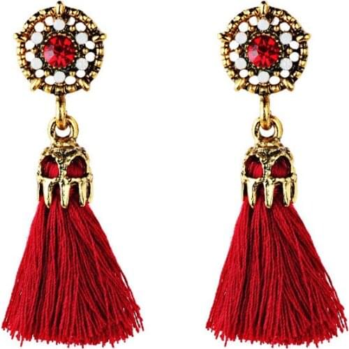 Flower Earring Rhinestone Tassel Fringe Dangle Dangling Earrings Vintage Boho Bohemia Red White Black Aretes Pendientes Flecos