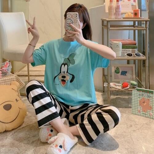 M-2XL Big SizeDisney Cartoon Goofy Minnie Mouse Summer Pajamas Sets Womens Outfits Short Sleeve Tops and Striped Pants 2 Pieces