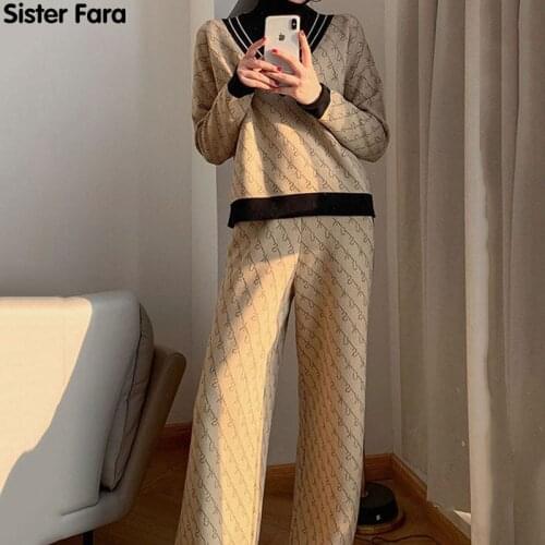 Sister Fara Spring New Wide Leg Pants 2 Pieces Sets Casual Tracksuit Long Sleeve Loose Tops+ Deep V-Neck 2 Piece Suit Pullover