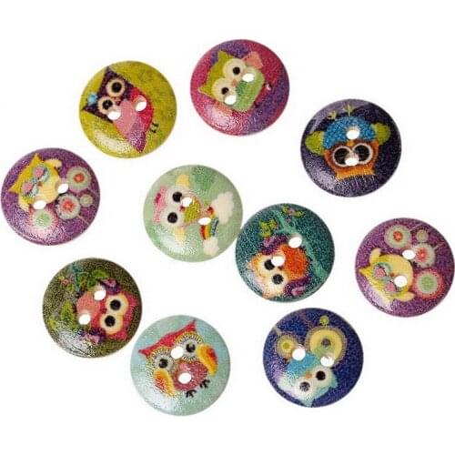 24pcs 15mm Wooden Sewing Buttons Scrapbooking Round Mixed 2 Holes Owl Pattern Costura Botones Decorate bottoni botoes