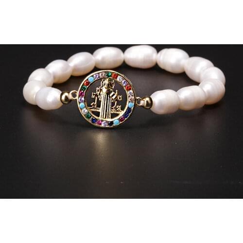 Religious The Virgin Mary CZ Connector Pure Natural Freshwater Pearl Plastic Rope Elastic Beaded Charms Unisex Bracelet