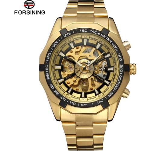 FORSINING Brand Men Automatic Watch Luxury Skeleton Mechanical Watches Men Gold Stainless Steel Clock Relogios Masculino