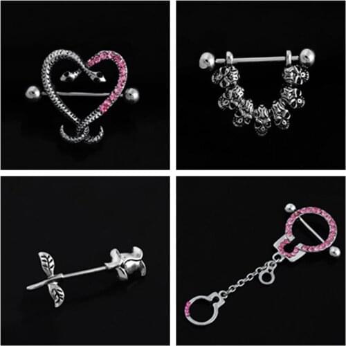 1 Pair Stainless Steel Unisex Personality pink Heart/skull/ Flower/Handcuffs Barbell Nipple Ring Body Piercing Jewelry Gift