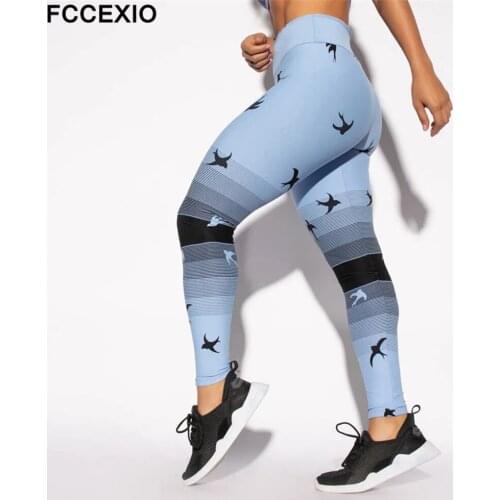 FCCEXIO Gradient Blue Color Print Leggings for Fitness High Waist Bird Workout Leggins Slim Long Pants Jogging Leggin XS-XL
