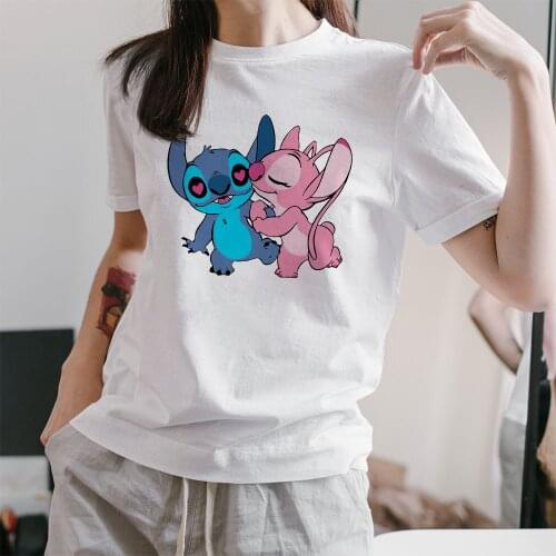 Summer Short Sleeve Women T-shirts Kawaii Outdoor Lilo & Stitch Dropship White T Shirt Female Cute Fashion Trend Printing Loose
