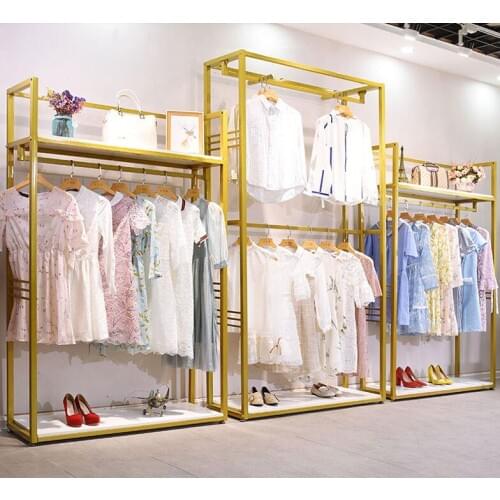 Golden Clothing Shop Solid Wood Display Shelf, Ground-type Double-deck Shelf Shop Side-hanging Clothes Shelf for Men and Women