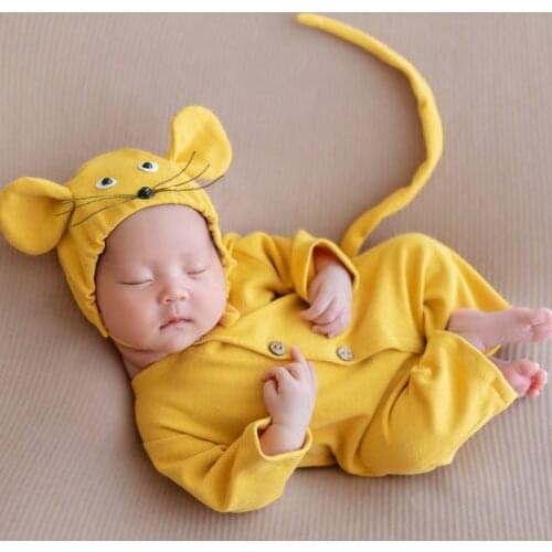 Lovely Baby Animal Outfit Newborn Soft Fabric Overall Hat Set For Photo Shoot Baby Lace Cap Newborn Photography Props