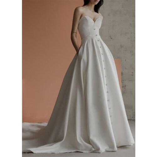 Simple Strapless French Style Sweep Train Wedding Dress Elegant Sweetheart Satin A-Line Bridal Gowns vestidos de mairee Wedding