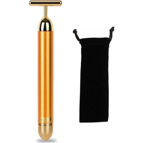 24k Gold Vibration Facial Slimming Face Beauty Bar Pulse Firming Facial Roller Massager Lift Skin Tightening Wrinkle Stick + Bag
