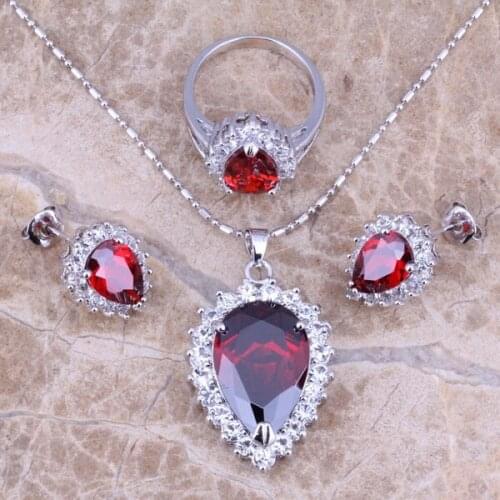 Red Garnet White CZ Silver Plated Jewelry Sets Earrings Pendant Ring Size 6 / 7 / 8 / 9 / 10 S0095