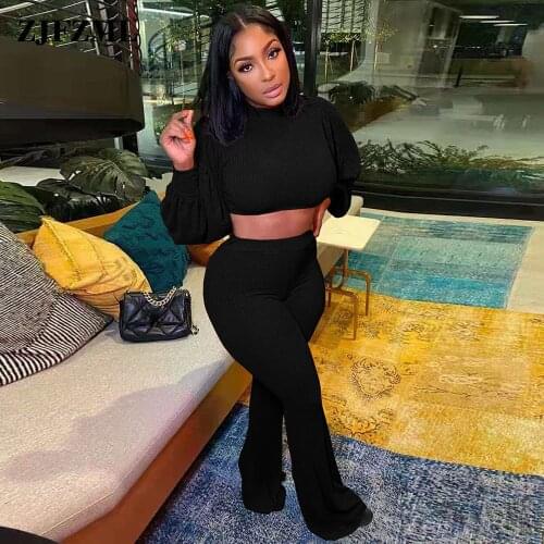 High Street Solid Two Piece Set Tracksuit Women Puff Long Sleeve High Neck Ribbed Crop Top+bell Bottom Trouser Female Outfits