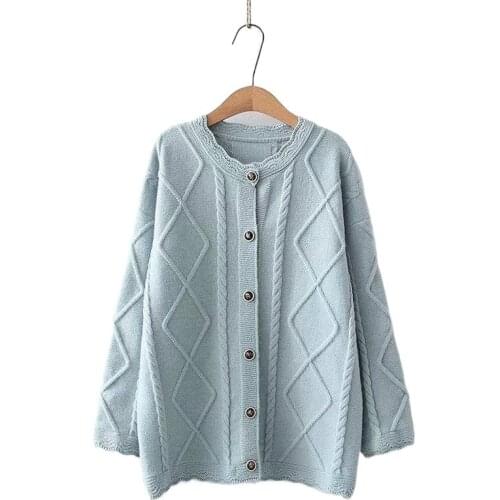 Argyle Jacquard Chic Ruffles Knit Women Cardigan 2021 Winter Warm Coat Korean Female Long Sleeve O-neck Soft Jumpers Tops