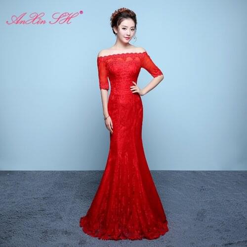 AXJFU luxury princess flower lace mermaid red wedding dress vintage boat neck illusion half sleeve trumpet white wedding dress