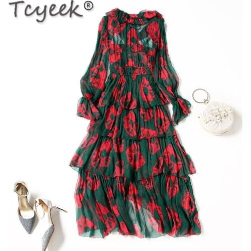 Summer Spring Dress 200% Silk Floral Dresses for Women Elegant Long Sleeve Dress Korean Fashion Vestido De Mujer 8877