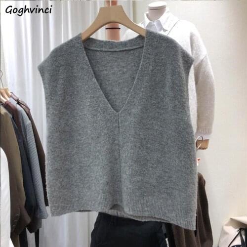 Sweater Vest Women Short V-neck Solid Knitting Simple Basic Korean Style Fashion Soft Daily Leisure Loose Autumn Ladies Hot Sale