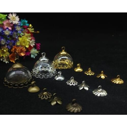 20ets/lot 18mm half round bottle glass dome double lace base cap set glass vial pendant jewelry glass globe bottle necklace gift